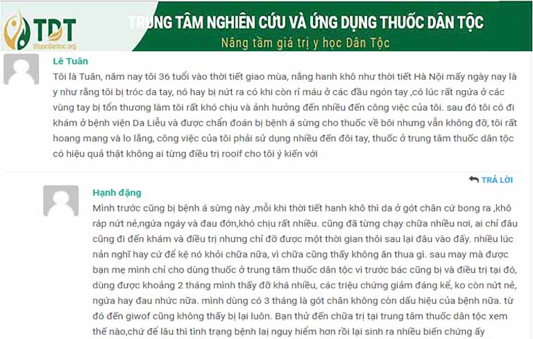 Người bệnh để lại phản hồi trên trang thuocdantoc.org