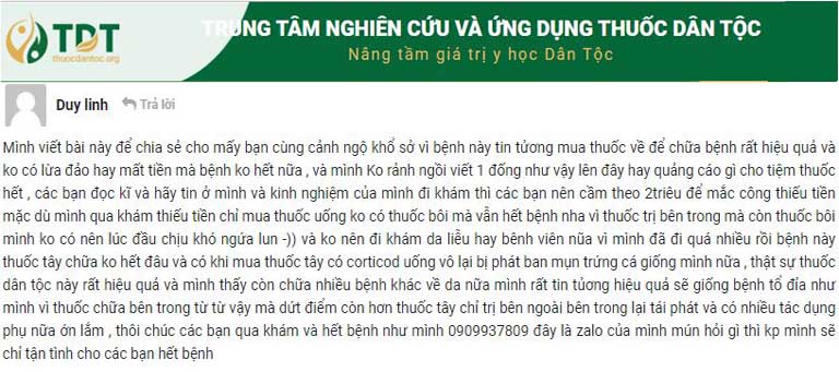 Phản hồi của bệnh nhân Duy Linh trên trang thuocdantoc.org
