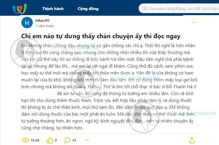 Phương pháp điều trị rối loạn nội tiết tố, lãnh cảm của bác sĩ Đỗ Thanh Hà được chia sẻ trên các diễn đàn