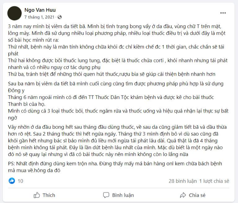 Chia sẻ của nick facebook Ngo Van Huu về bài thuốc Thanh bì Dưỡng can thang