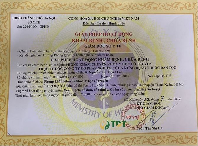 Giấy phép hoạt động Trung tâm Thuốc dân tộc cơ sở Hà Nội