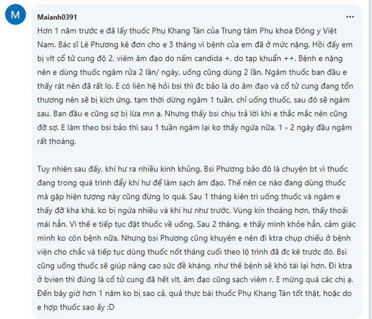 Viêm nhiễm lan rộng cả âm đạo và cổ tử cung mà vẫn khỏi nhờ Phụ Khang Tán