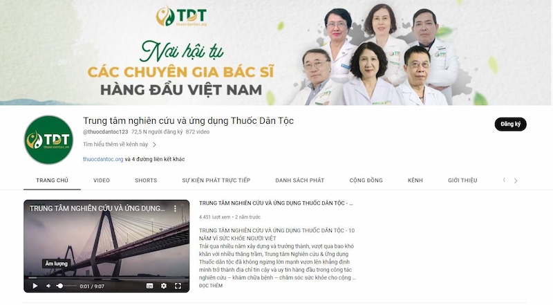 Giao diện kênh Youtube của Trung tâm