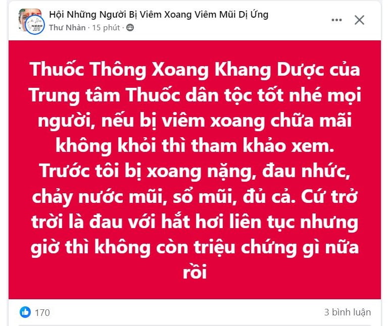 Bài đăng trên hội nhóm chia sẻ về bài thuốc Thông Xoang Khang dược chữa viêm xoang